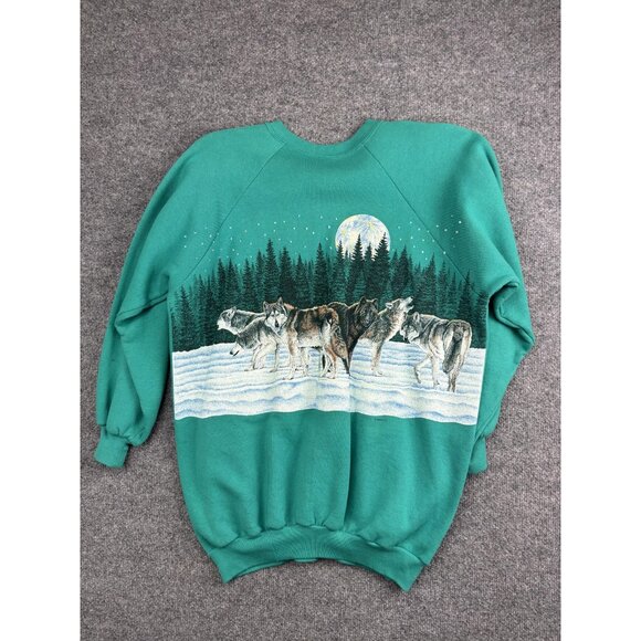 Vintage Habitat Sweatshirt Adult XL Green Wolf Pack Forest Crewneck Made USA 90s - Picture 6 of 6